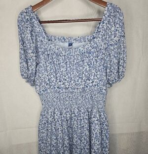 Old Navy Peasant Dress Blue Floral Paisley Short Puff Sleeve Smocked Waist Lined